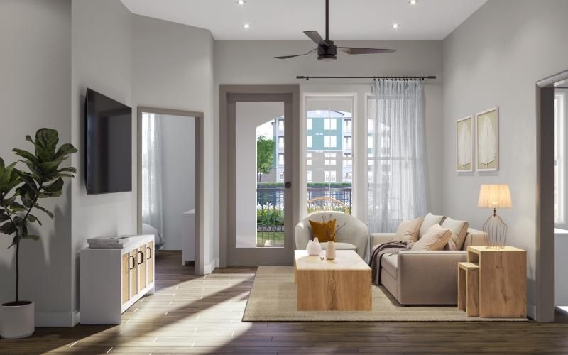 a living room with a wood floor