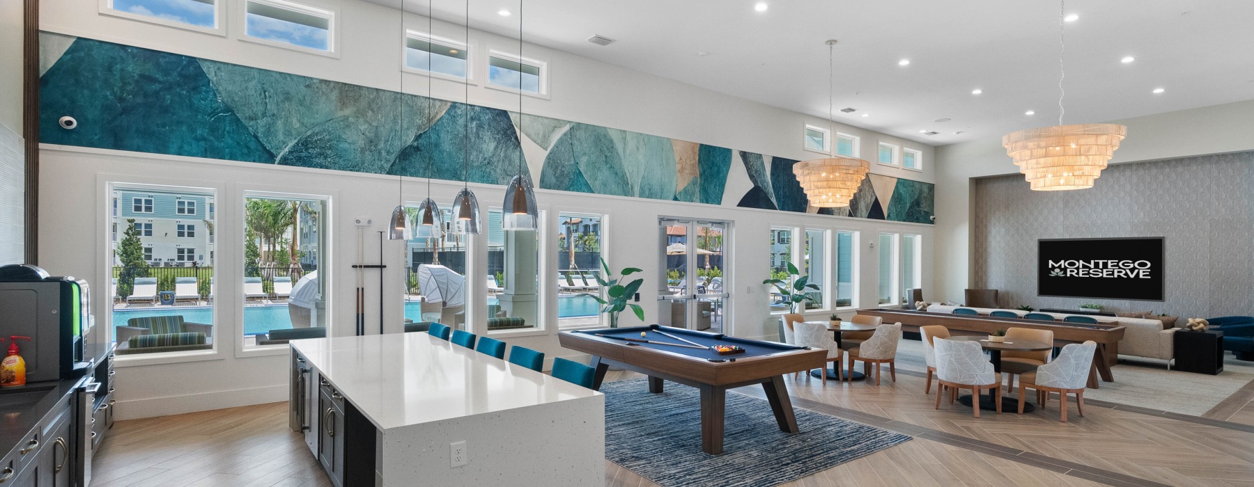 resident lounge with billiards shuffleboard and coffee bar