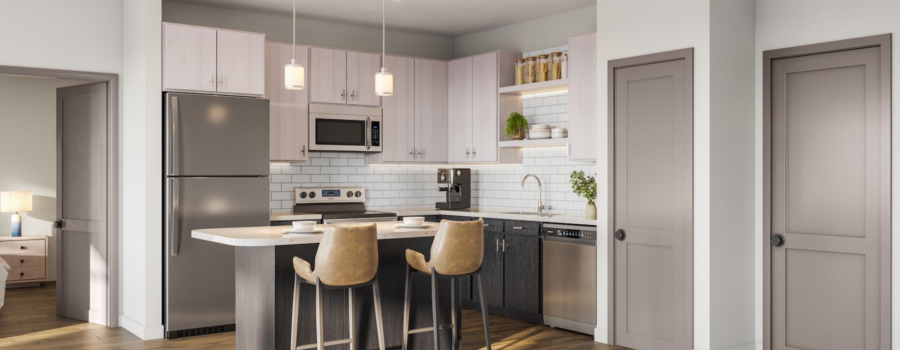 a kitchen with white cabinets