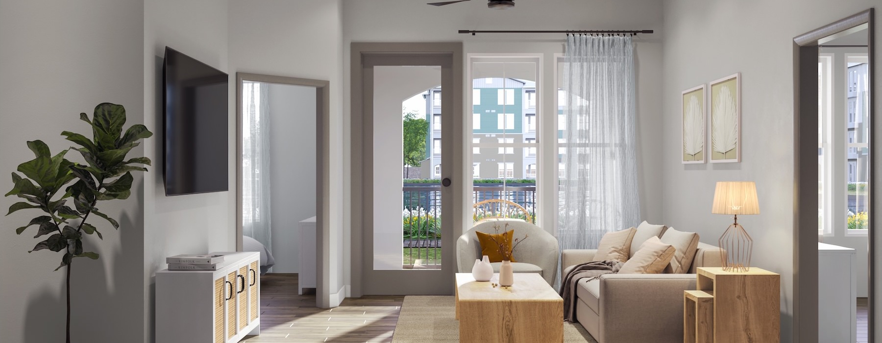 a living room with a wood floor