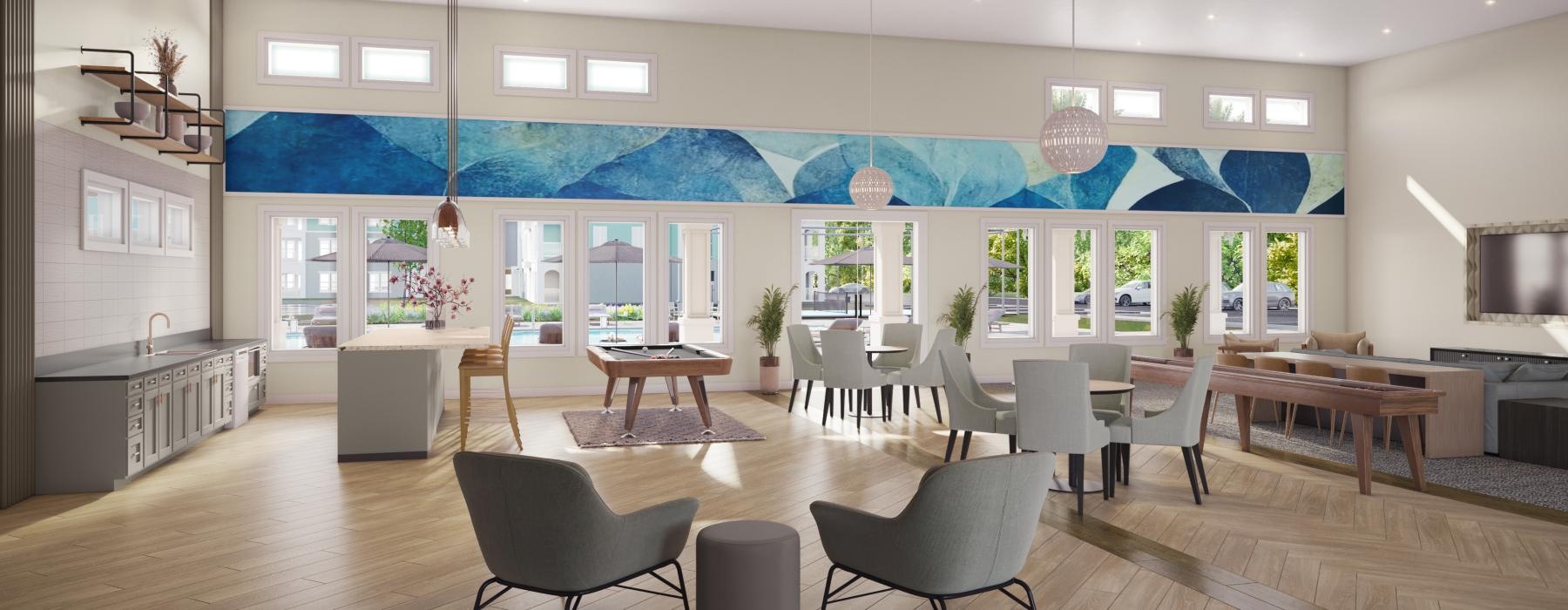 a room with tables and chairs